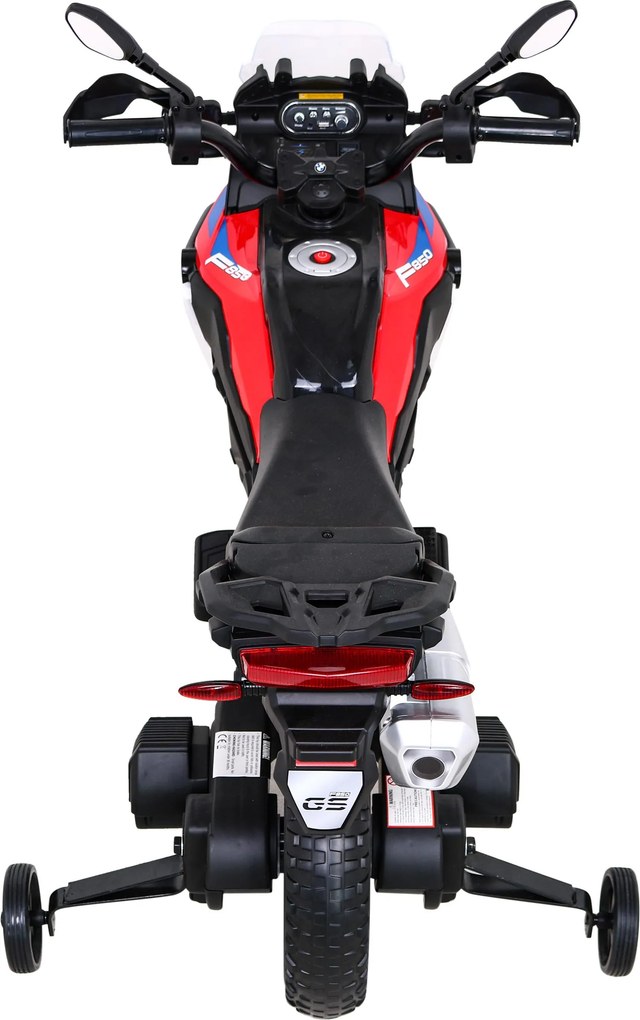 Ramiz Detský motocykel na batérie BMW F850 GS červený + pomocné kolieska + audio LED + pomalý štart + EVA