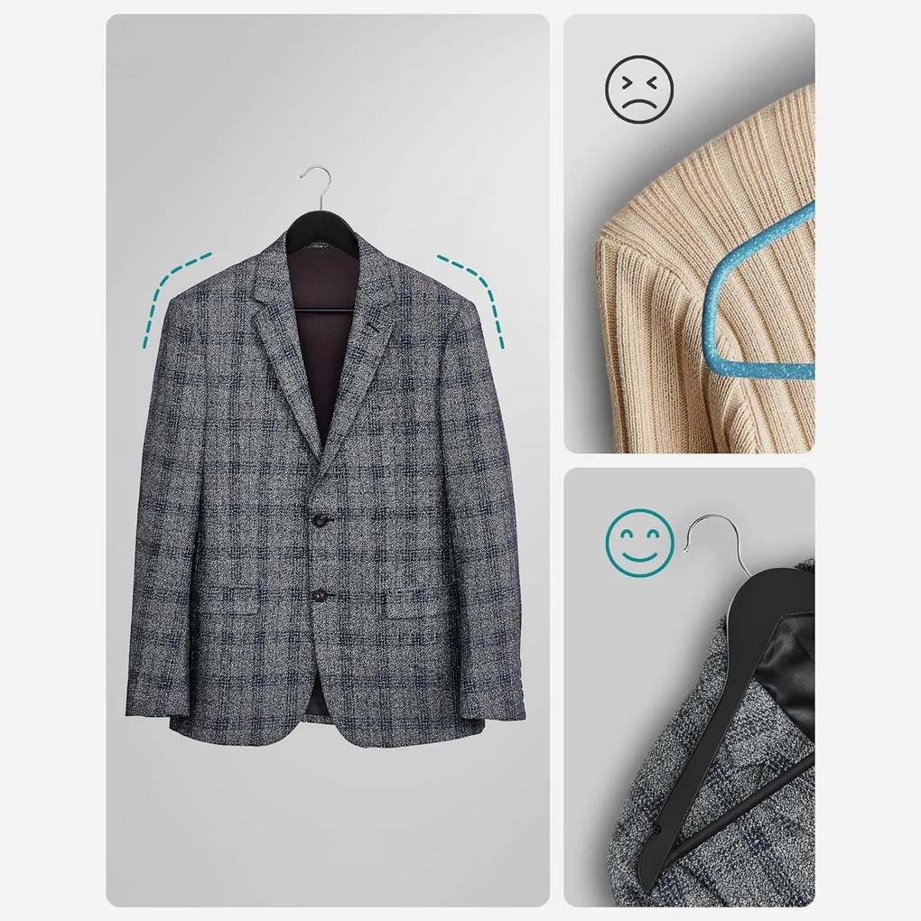 Drevené vešiaky, sada 10 kusov, s ramennými zárezmi, čierne