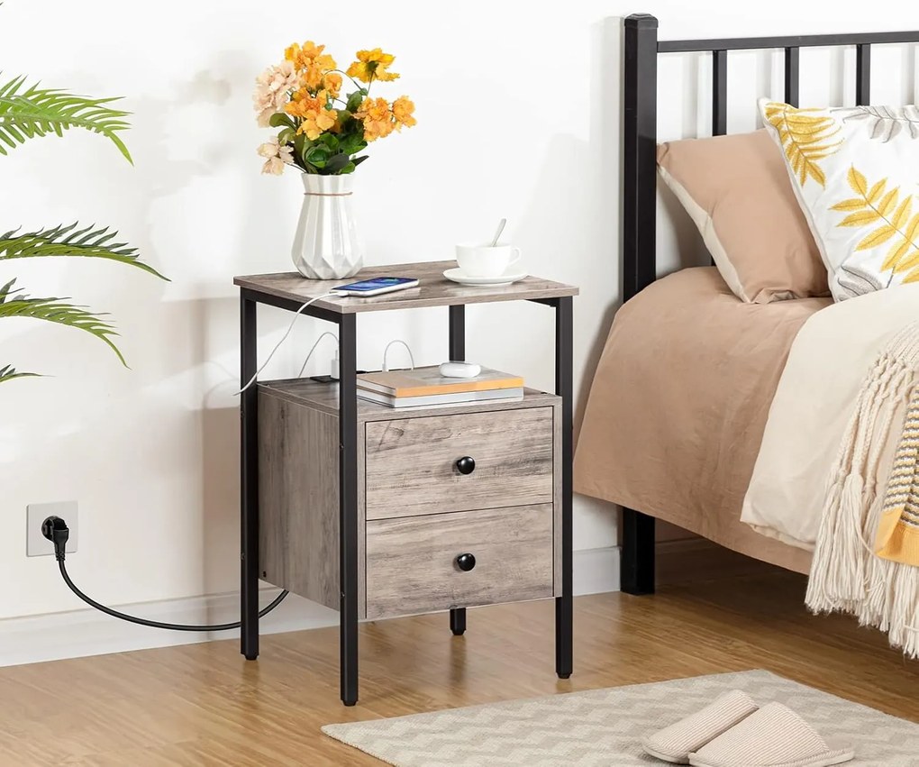 Noční stolek Vasagle Jungo 40 cm s nabíjecí stanicí šedý/černý
