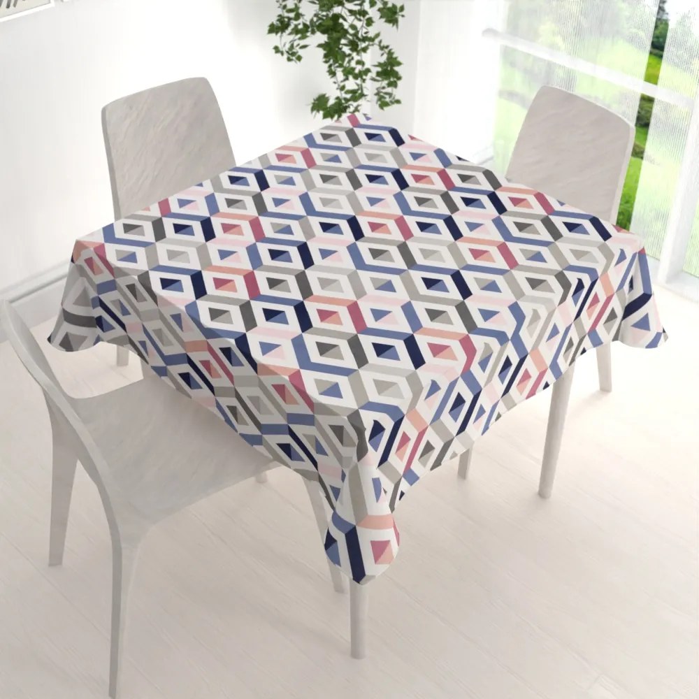 Biante Bavlnený štvorcový obrus Sandra SA-573 Modro-ružovo-sivé kosoštvorce 150x150 cm