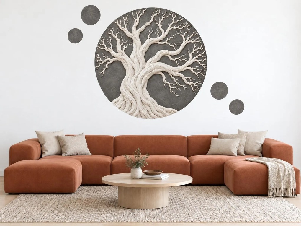 Reliéfny biely strom v sivom kruhu minimalistické kruhové textilné nálepky na stenu do obývačky arch 46 x 45 cm