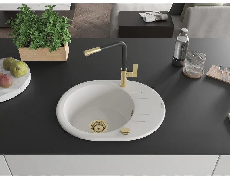 Mexen Kevin, 1-komorový granitový drez 586x458x190 mm a drezová batéria Flora, biela, 6517-20-670401-57-G