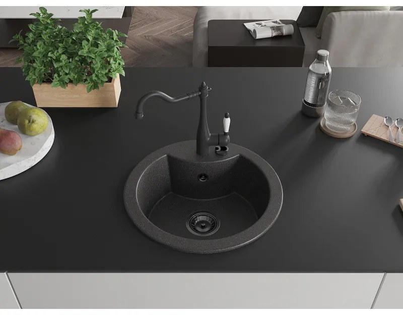 Mexen Diego, granitový drez 488x488x167 mm, 1-komorový a drezová batéria Carla, čierna škvrnitá, 6512-76-670700-70-B