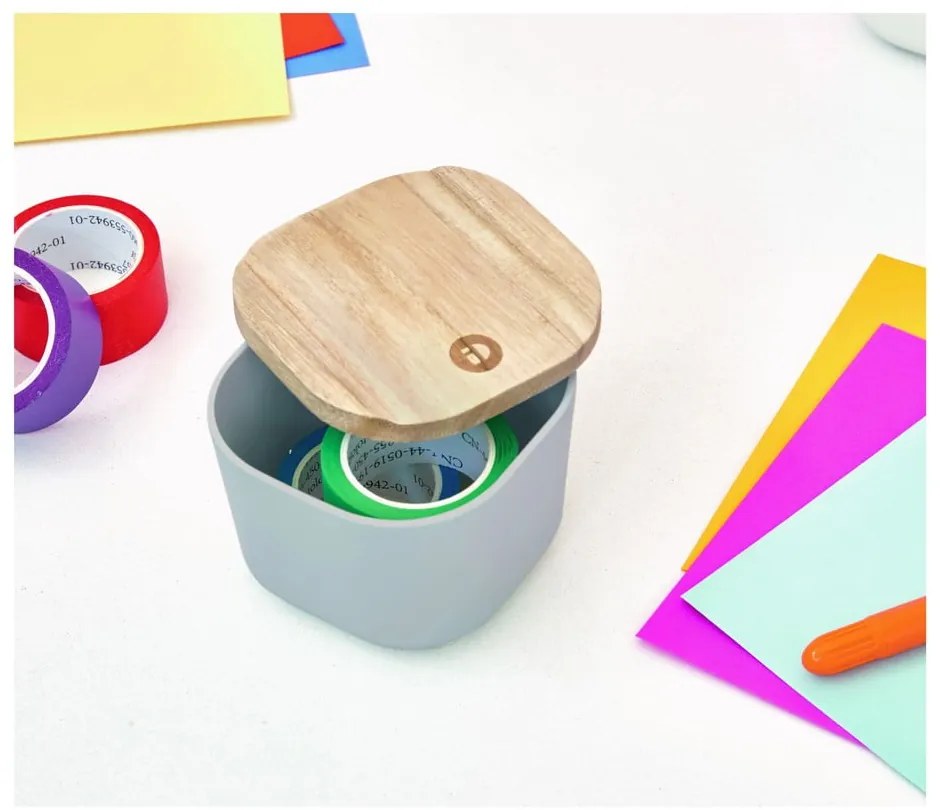 Sivý úložný box s vekom z dreva paulownia iDesign Eco, 9 x 9 cm