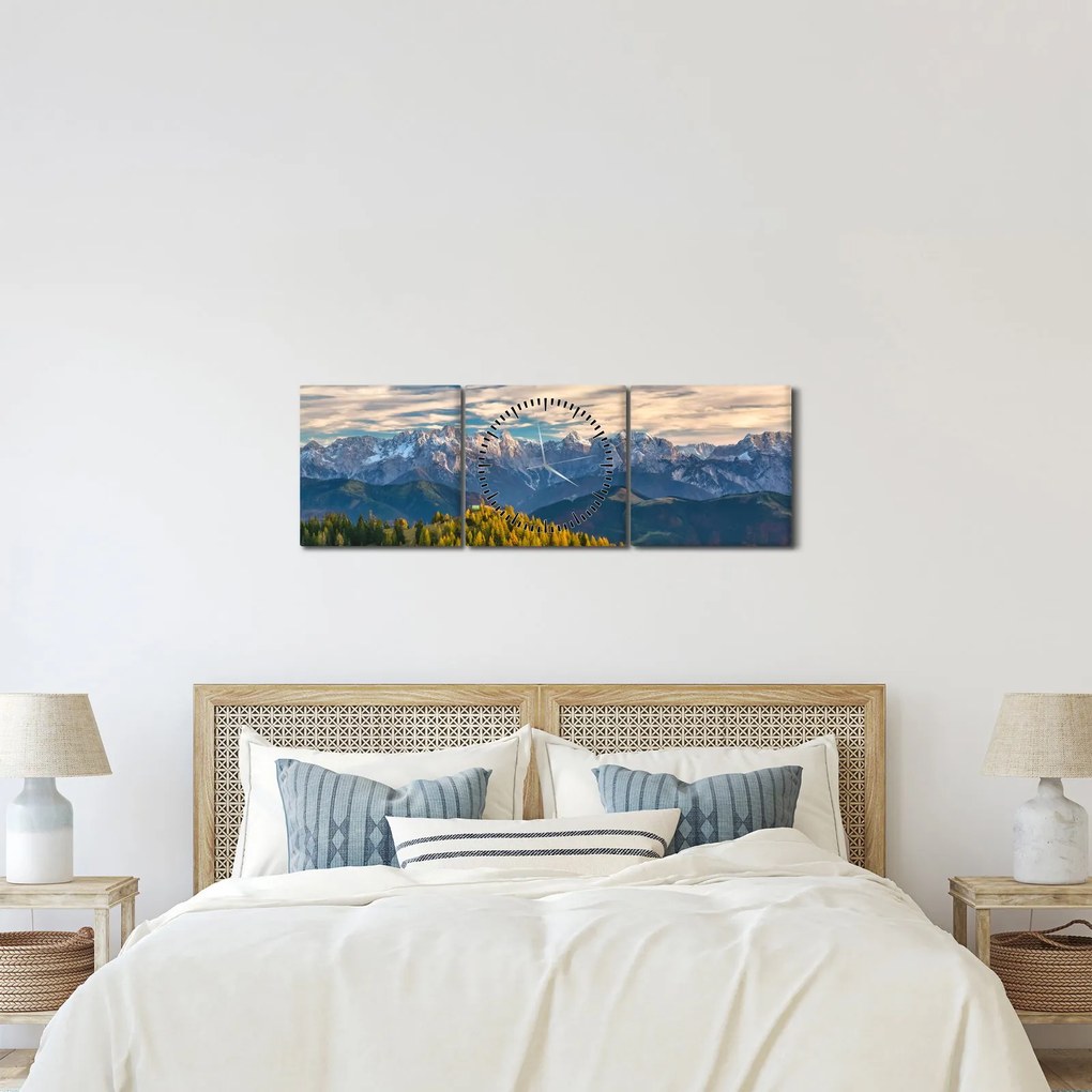 Obraz - horská panorama (s hodinami) (90x30 cm)