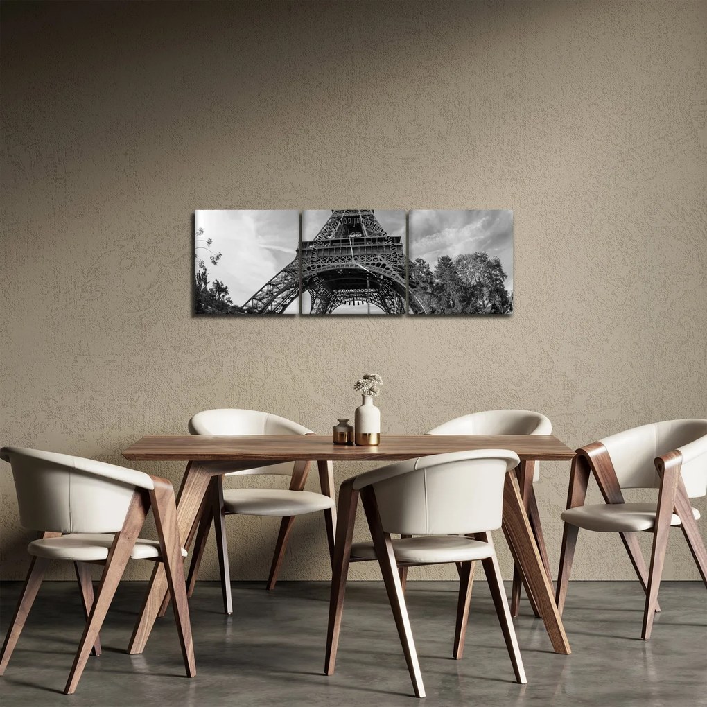 Obraz - Eiffelova veža, čiernobiela (s hodinami) (90x30 cm)