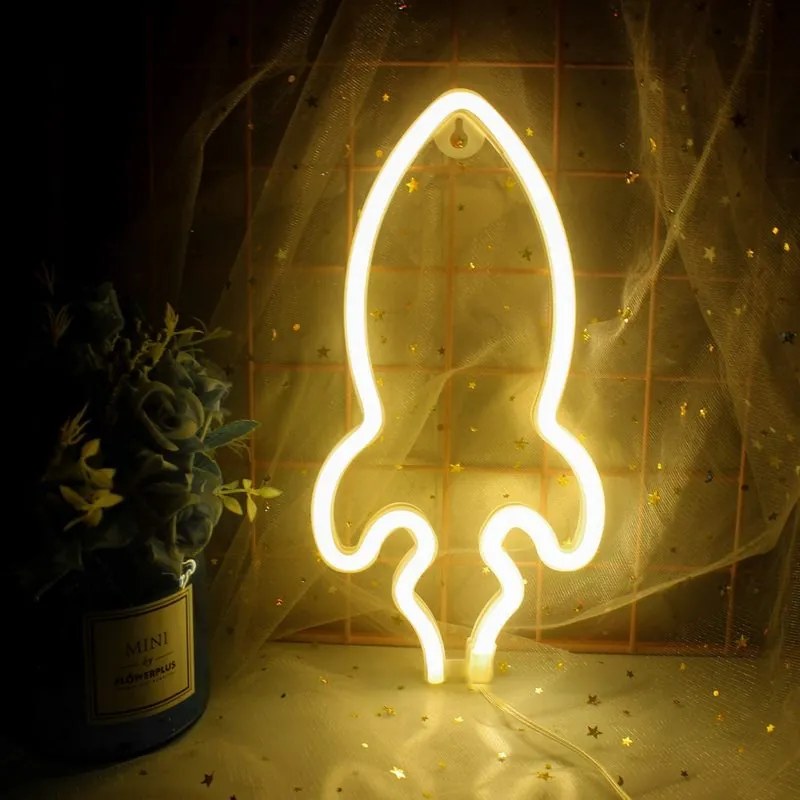 ACA Lighting Neónová lampička - Raketa, 3x AA batérie/USB kábel, IP20, žltá farba