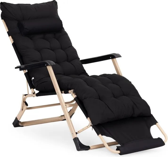 Záhradné plážové ležadlo 2 v 1 s vankúšom, opierkou hlavy, nastaviteľnou opierkou nôh, čierne, zlatý rám