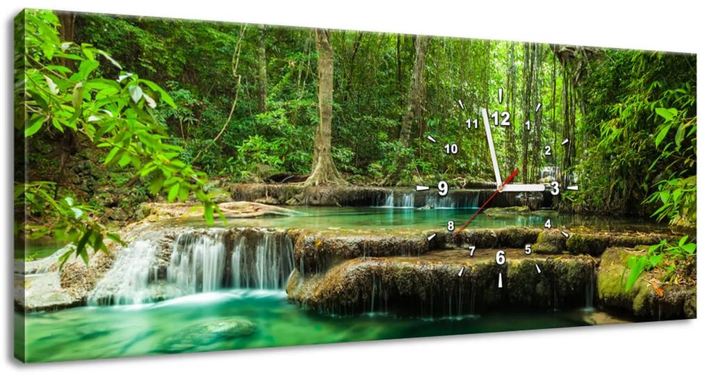 Gario Obraz s hodinami Vodopád Erawan v Thajsku Rozmery: 100 x 40 cm