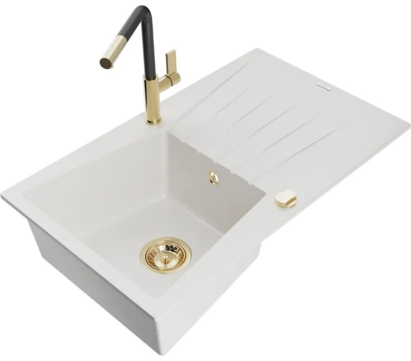 Mexen Cesar, 1-komorový granitový drez 775x470x190 mm a drezová batéria Flora, biela, 6514-20-670401-57-G