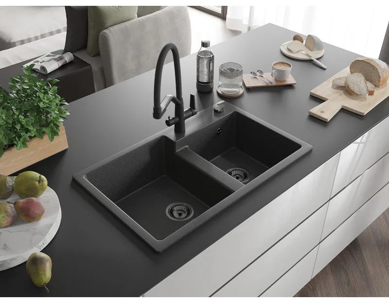 Mexen Tomas, 2-komorový granitový drez 800x500x190 mm a kuchynská batéria Duo, čierna škvrnitá, 6516-76-671701-70-B