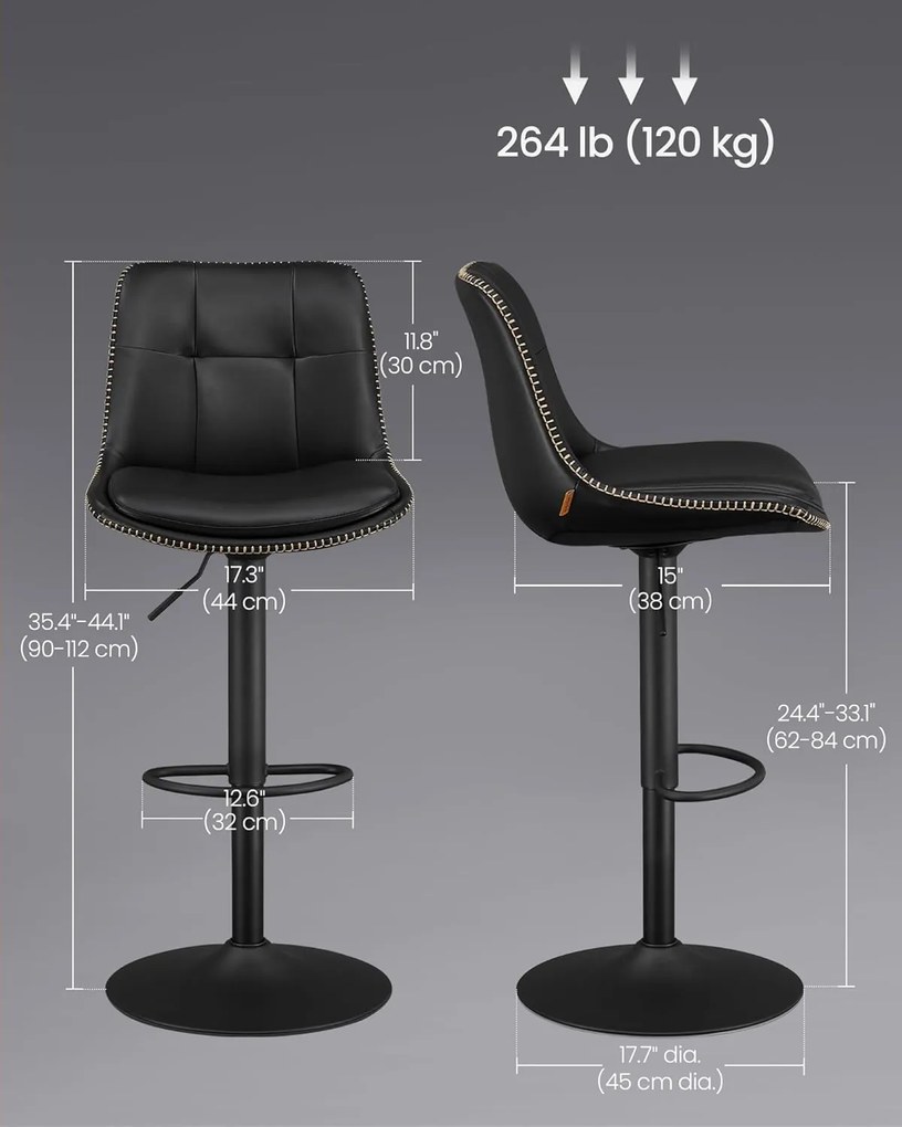 Sada 2 barových stoličiek s nastaviteľnou výškou, otočná kuchynská stolička, čierne
