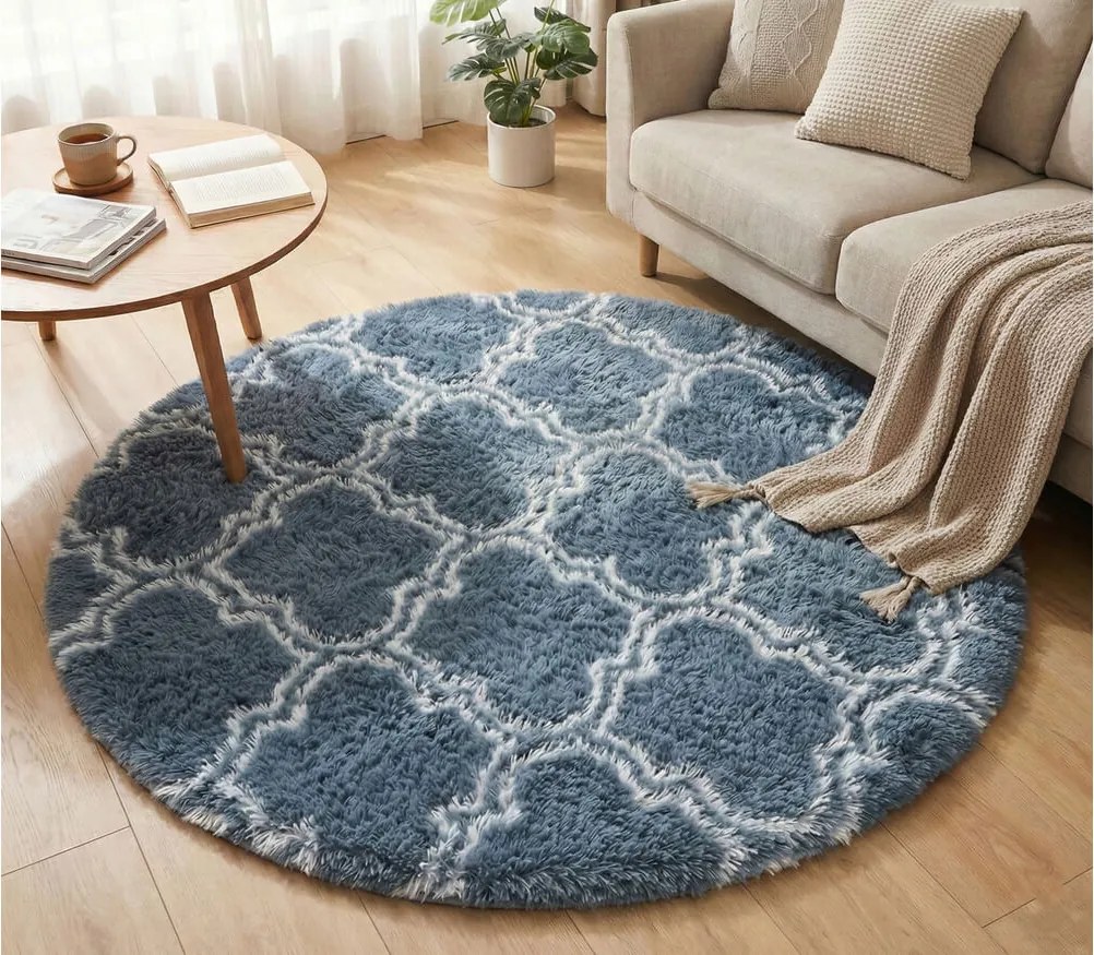 TZ Sivo-modrý okrúhly vzorovaný koberec shaggy Decor Latern Rozmer: 120 cm