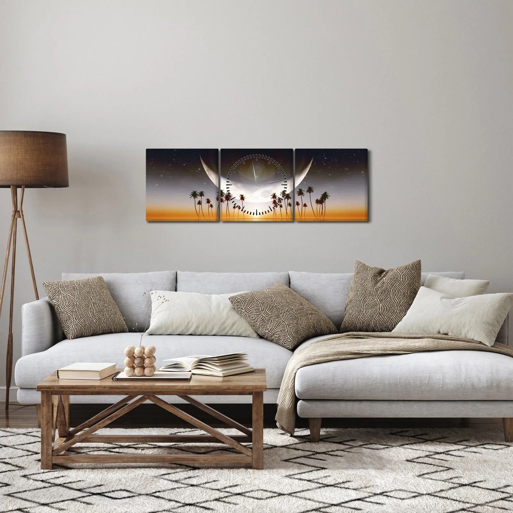 Obraz - Mesiac nad palmami (s hodinami) (90x30 cm)
