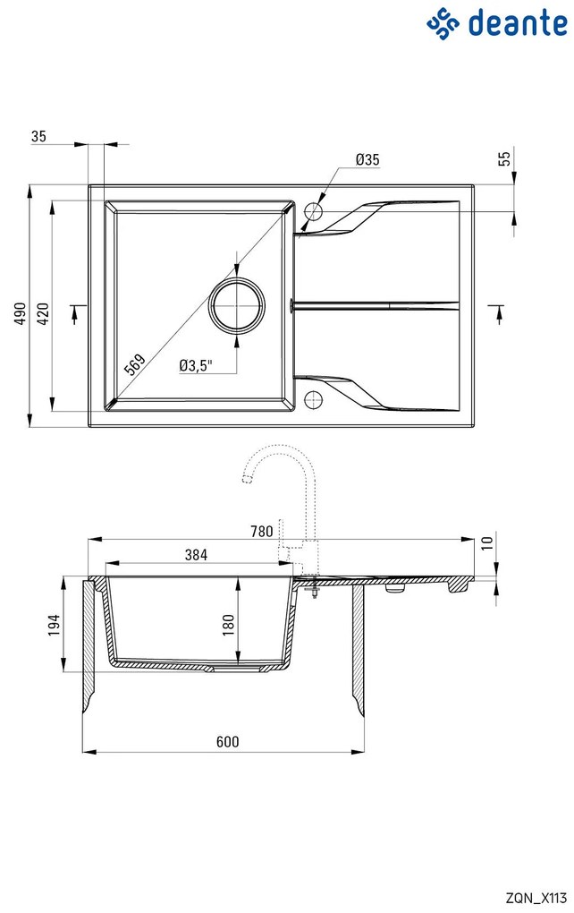 Deante Andante, granitový drez 780x490x194 mm + priestorovo úsporný sifón, 1-komorový, čierna, ZQN_N113