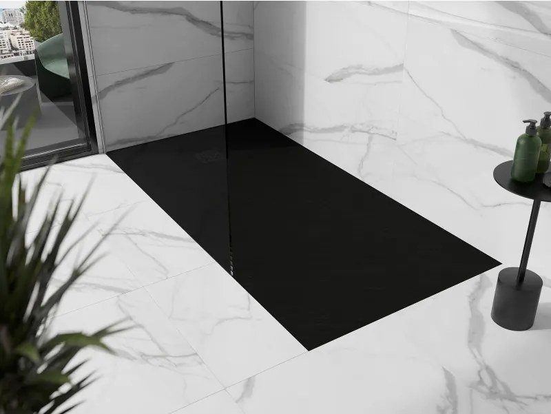 Mexen Stone+, obdĺžniková vanička z minerálneho kompozitu 180 x 100 cm, čierna, čierna krytka, 44701018-B