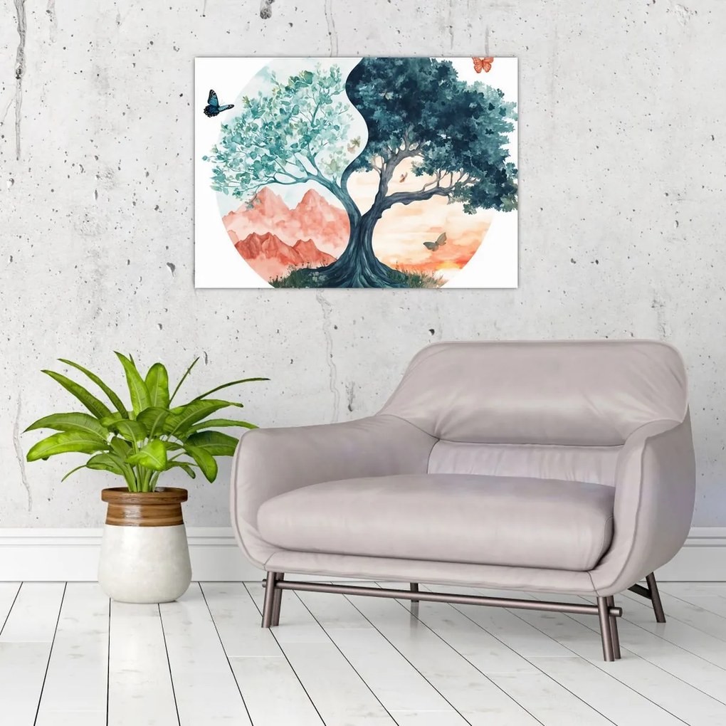 Sklenený obraz – Akvarelový strom plný života (70x50 cm)