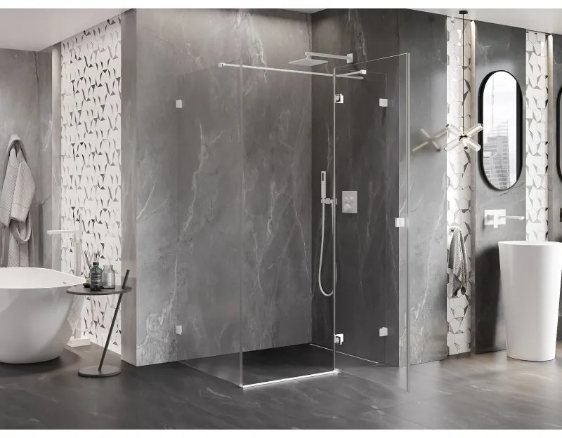 Mexen Lunar T, sklopný pravý sprchový kút 140 x 80 cm, 8mm číre sklo, biely profil, 834T-140-080-20-00-P