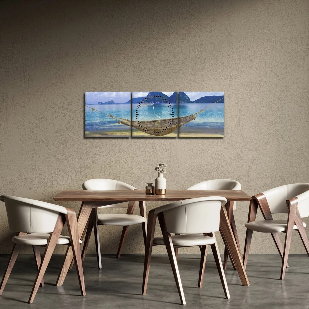 Obraz - Obraz hojdacej siete na pláži 2 (s hodinami) (90x30 cm)