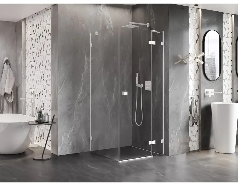 Mexen Lunar, pravostranný výklopný sprchový kút 90 x 90 cm, 8mm číre sklo, biely profil, 834-090-090-20-00-P