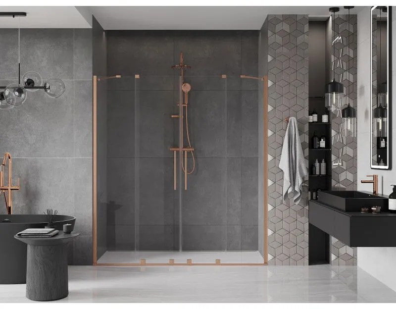 Mexen Velar Duo, posuvné dvere do otvoru 170x200 cm, 8mm číre sklo, medená matná, 871-170-000-02-65
