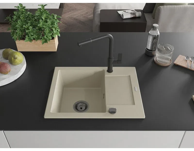 Mexen Enzo, 1-komorový granitový drez 576x465x174 mm a drezová batéria Flora, béžová, 6506-69-670401-70-B