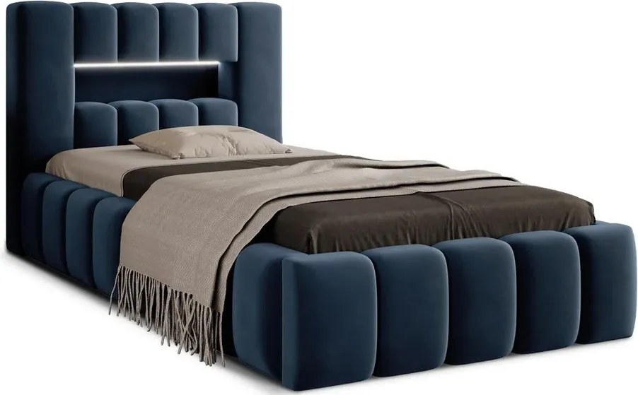 Tmavomodrá čalúnená jednolôžková posteľ s úložným priestorom s roštom 90x200 cm Lamica – ELTAP