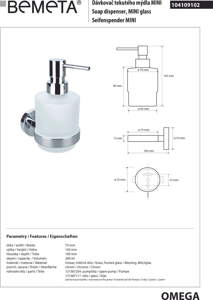 Bemeta Design OMEGA: Dávkovač mydla, 200 ml - 104109102