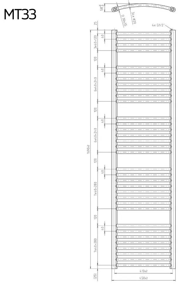 Mereo Mereo, Vykurovací rebrík, 450x1690 mm, 956 W, oblý, biely, MER-MT33