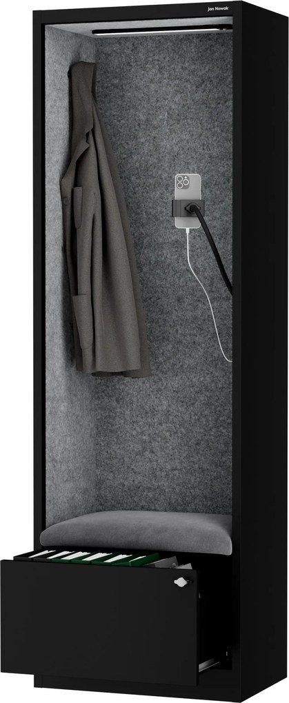 Kancelárska akustická kabína so sedadlom a portom USB-C, telo v čierny / sedák sivá v zelenej farbe, 600 mm: SALLY MentalBox