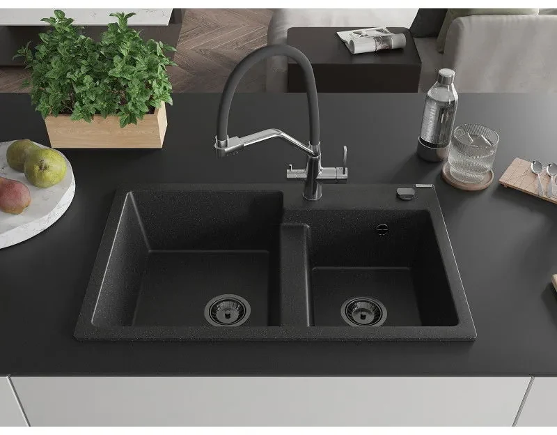 Mexen Tomas, 2-komorový granitový drez 800x500x190 mm a kuchynská batéria Duo, čierna-strieborná metalíza, 6516-73-671701-07-B