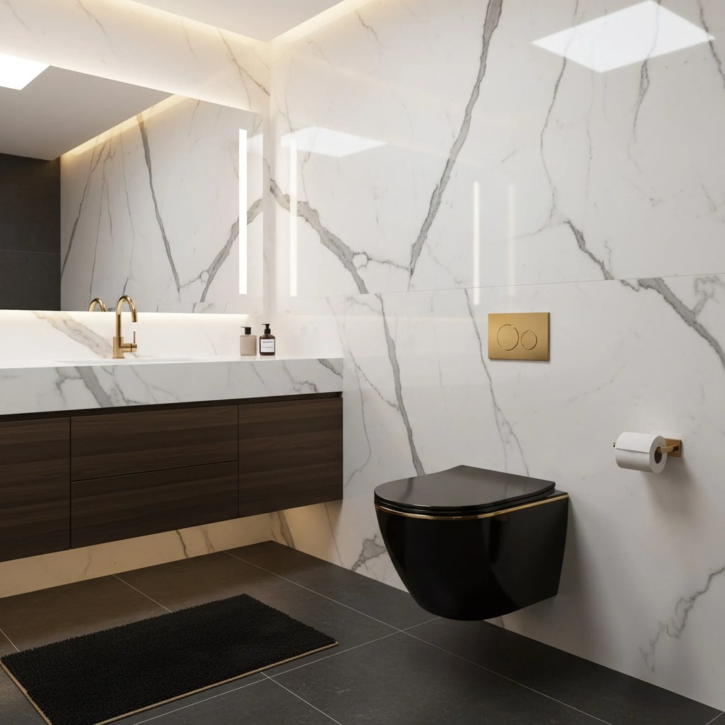 Rea Carlo Mini, závesné WC + toaletné sedadlo, čierna lesklá-zlatý okraj, REA-C4695