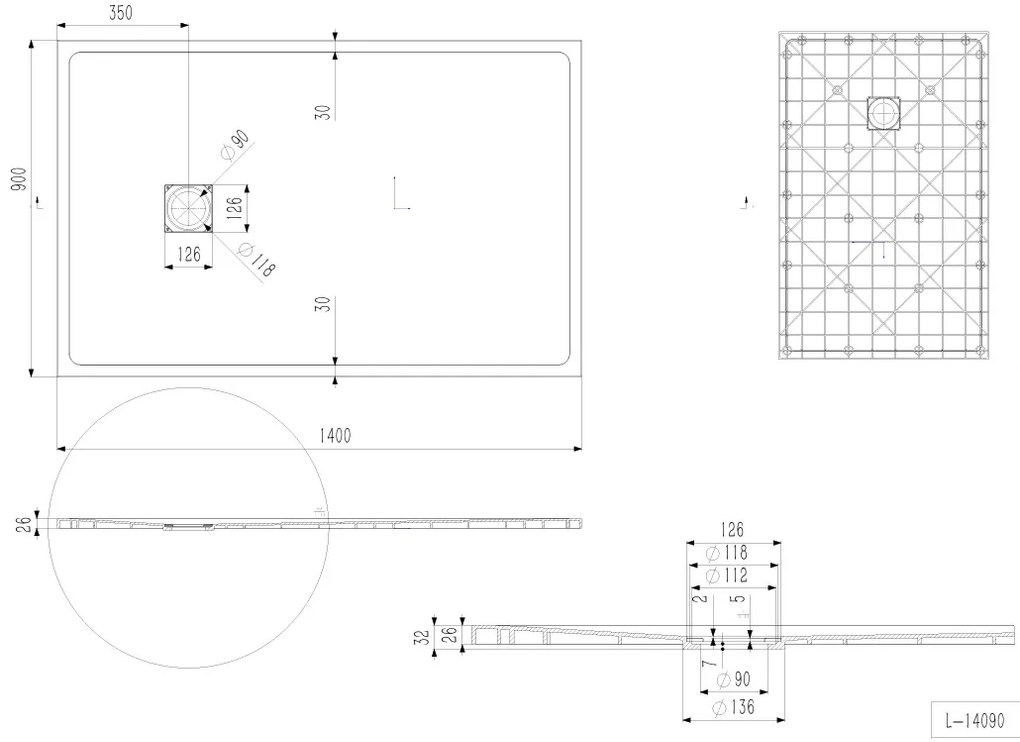 Erga Hyper, SMC sprchová vanička 140x90x2,6 cm + sifón, čierna matná, ERG-V06-SMC-9014S-BK