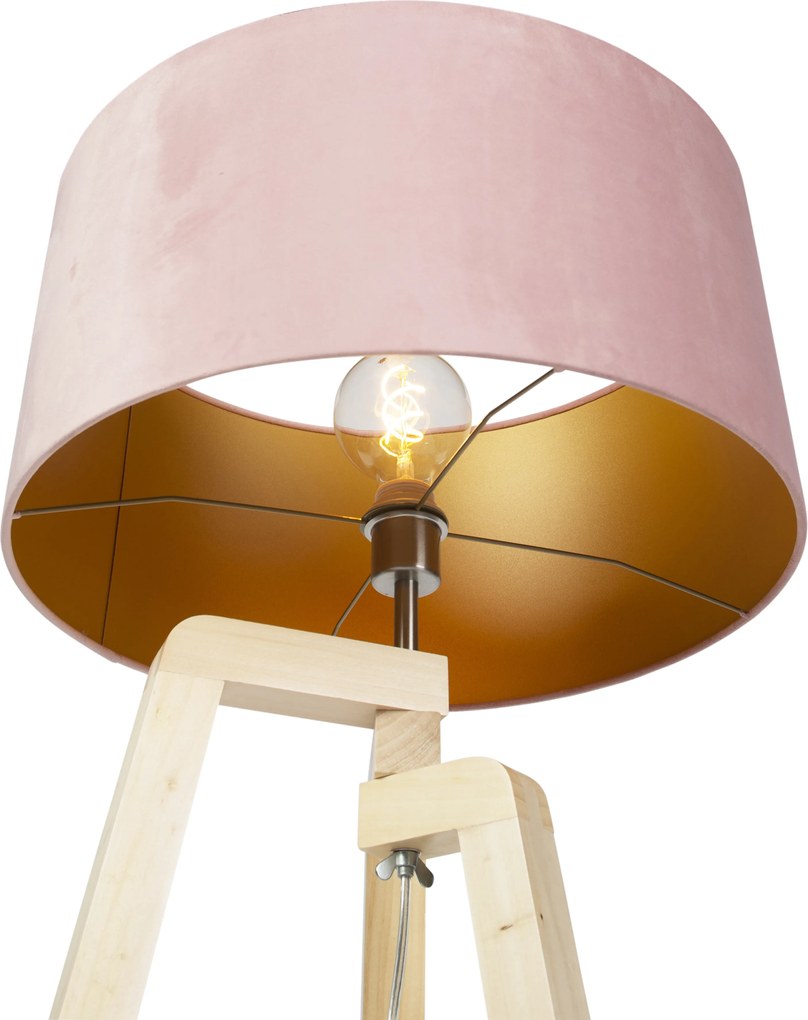 Stojaca lampa trojnožka drevo s ružovým zamatovým tienidlom 50 cm - Puros