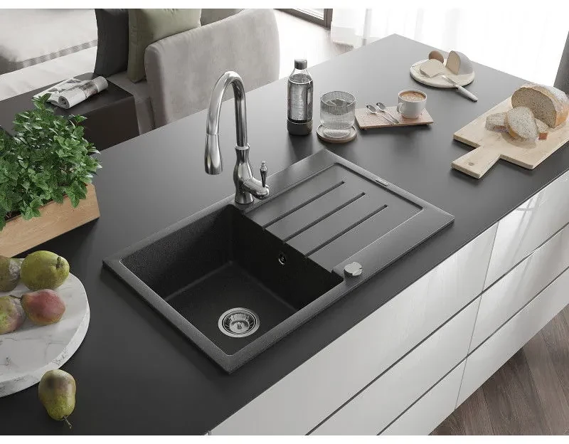 Mexen Bruno, 1-komorový granitový drez 795x495x200 mm a drezová batéria Savita, čierna škvrtnitá, 6513-76-672601-00