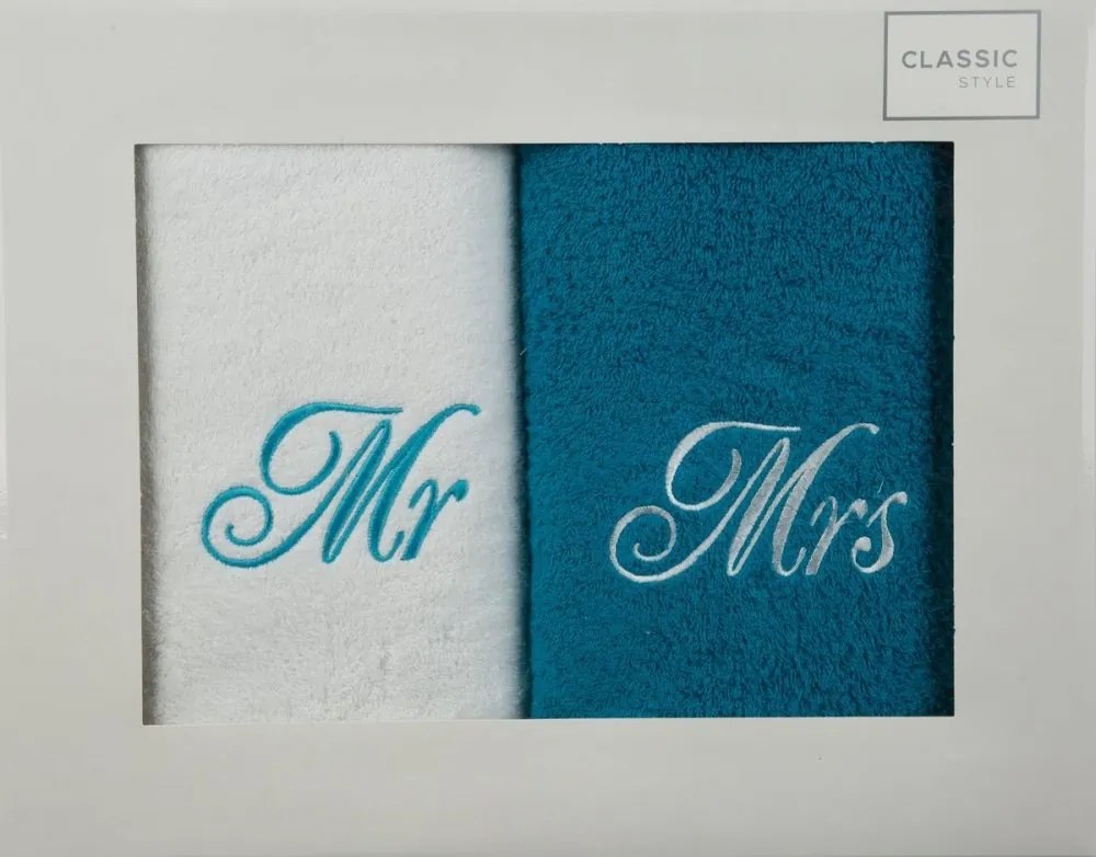 Originálne bavlnené bielo tyrkysové ručníky MR and MRS Šírka: 70 cm | Dĺžka: 140 cm