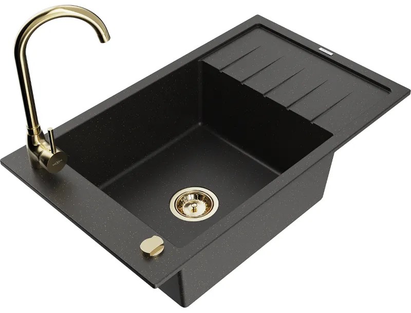 Mexen Elias, 1-komorový granitový drez s odkvapkávačom 80x48 cm a kuchynskou batériou Telma, čierna-zlatá, 6511-75-670200-50