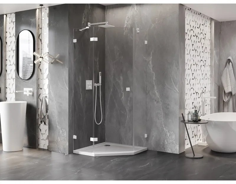 Mexen Lunar, Päťuholníkový sprchový kút Mexen Lunar s výklopným ľavým oknom 80 x 80 cm, 8mm číre sklo, biely profil, 831-080L-080P-20-00-L