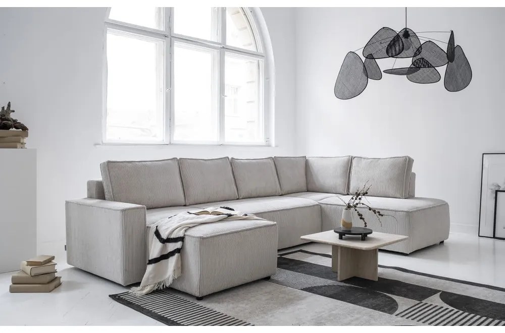 Biela menčestrová rozkladacia rohová pohovka (pravý roh/do tvaru "U") Brave Dave – Miuform