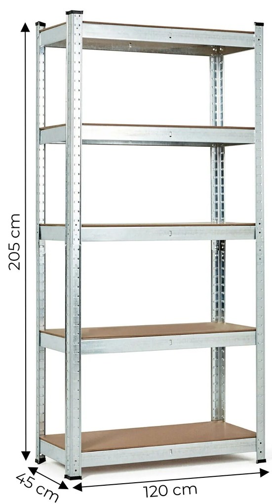 Skladový regál 205x120x45 cm, pozinkovaný kov, 5 políc, nosnosť 875 kg, ModernHome