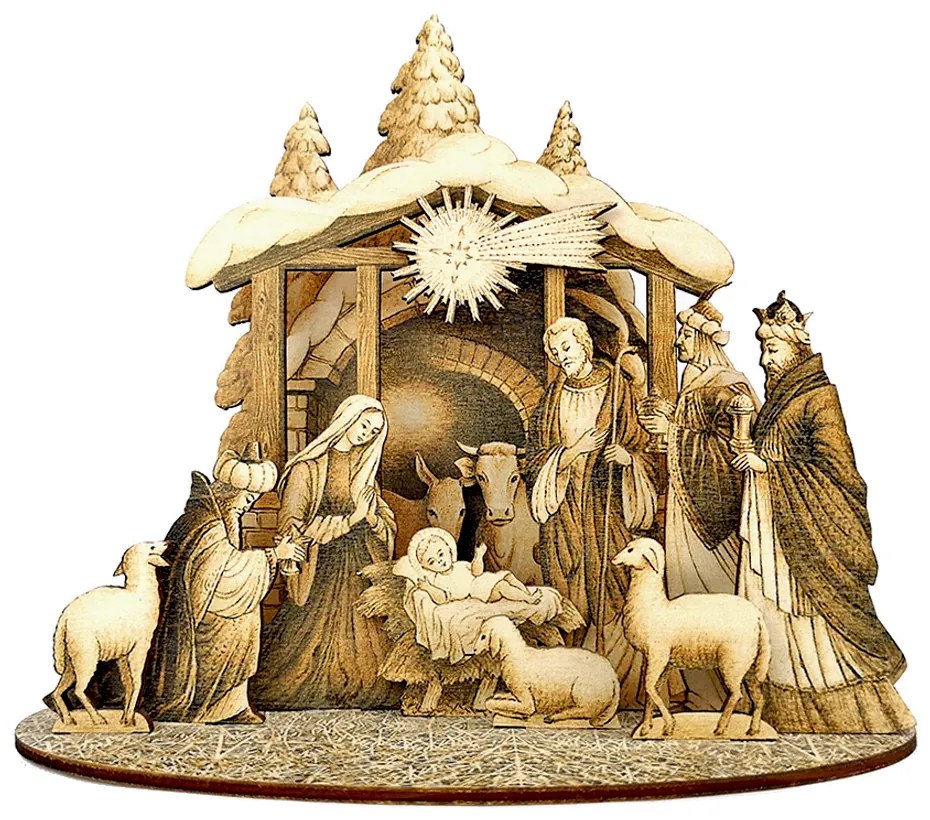 AMADEA Drevený skladací betlehem sépiový 3D 20 cm
