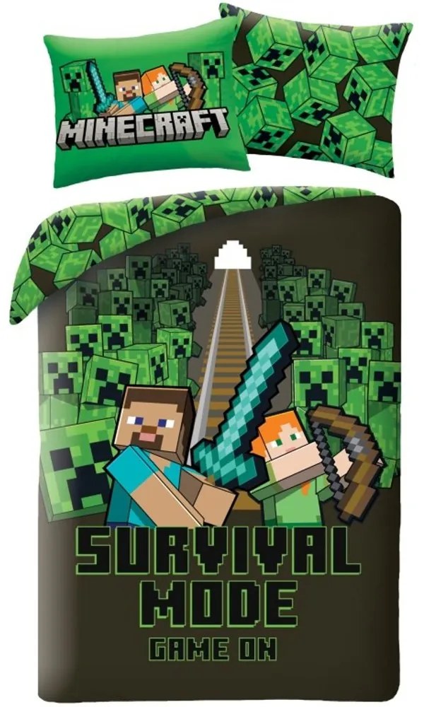 Obojstranné posteľné obliečky z mikrovlákna Minecraft - motív Survival Mode - 70 x 90 cm + 140 x 200 cm - zapínanie na zips