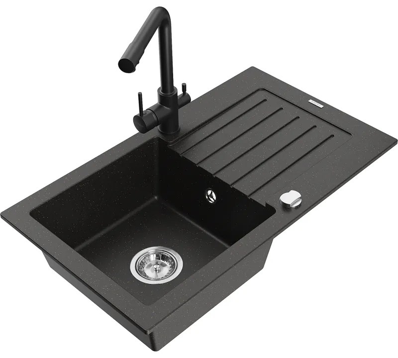 Mexen Pablo, granitový drez 752x436x161 mm, 1-komorový a čierna batéria Duero, čierna - zlatá metalíza, 6510-75-671600-70