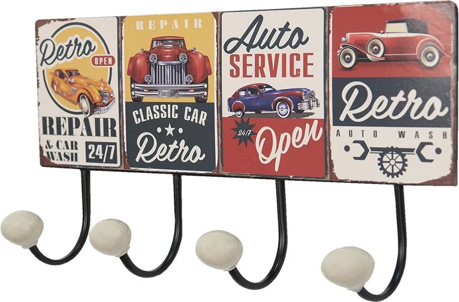 Nástenný kovový vešiak so 4-mi háčikmi Auto Service - 40*7*18 cm