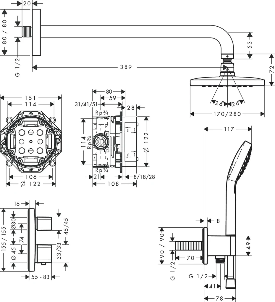 Hansgrohe Croma E, sprchový systém 280 1jet s termostatom Ecostat E, chrómová, HAN-27953000