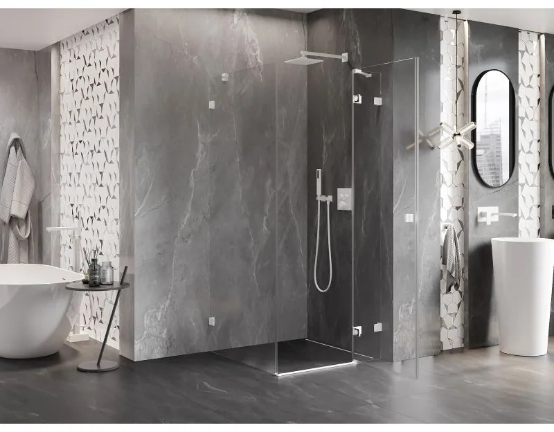 Mexen Lunar, pravostranný výklopný sprchový kút 70 x 70 cm, 8mm číre sklo, biely profil, 834-070-070-20-00-P