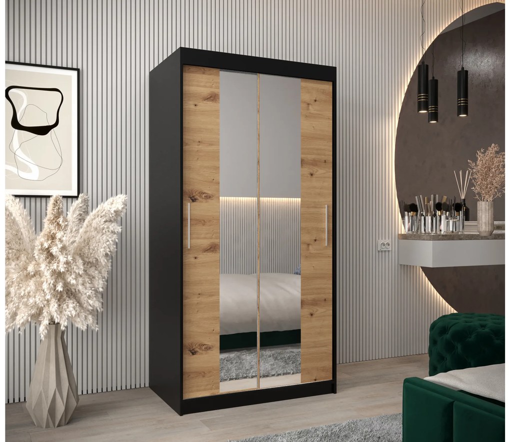 Šatníková skriňa 100 cm Toki 1 (Čierna matná + Dub artisan). Akcia -72%. Vlastná spoľahlivá doprava až k Vám domov. 1064879