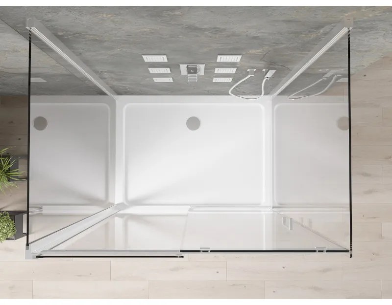 Mexen Omega, 3-stenový sprchovací kút s posuvnými dverami 130 (dvere) x 90 (stena) x 190 cm, 8mm číre sklo, chrómový profil + biela sprchová vanička SLIM, 825-130-100-01-00-3S-4010