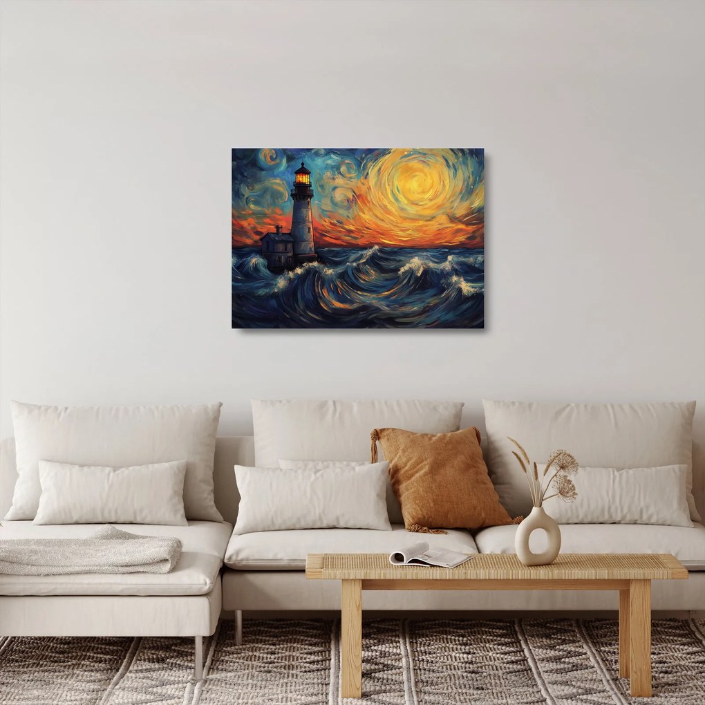 Sklenený obraz - Maják vo vlnách (70x50 cm)