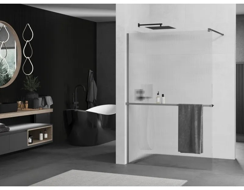 Mexen Kioto+, sprchová zástena Walk-In s poličkou a vešiakom 120 x 200 cm, 8mm sklo s rebrovým vzorom, grafitový profil, 800-120-121-95-09